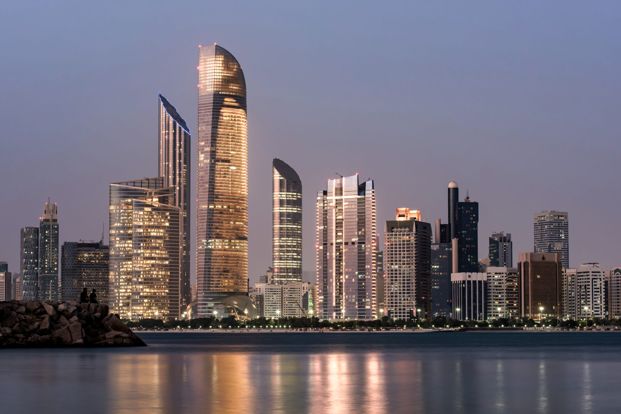 June 23, 2018: Abu Dhabi Seascape with skyscrapers in the background at evening, UAE